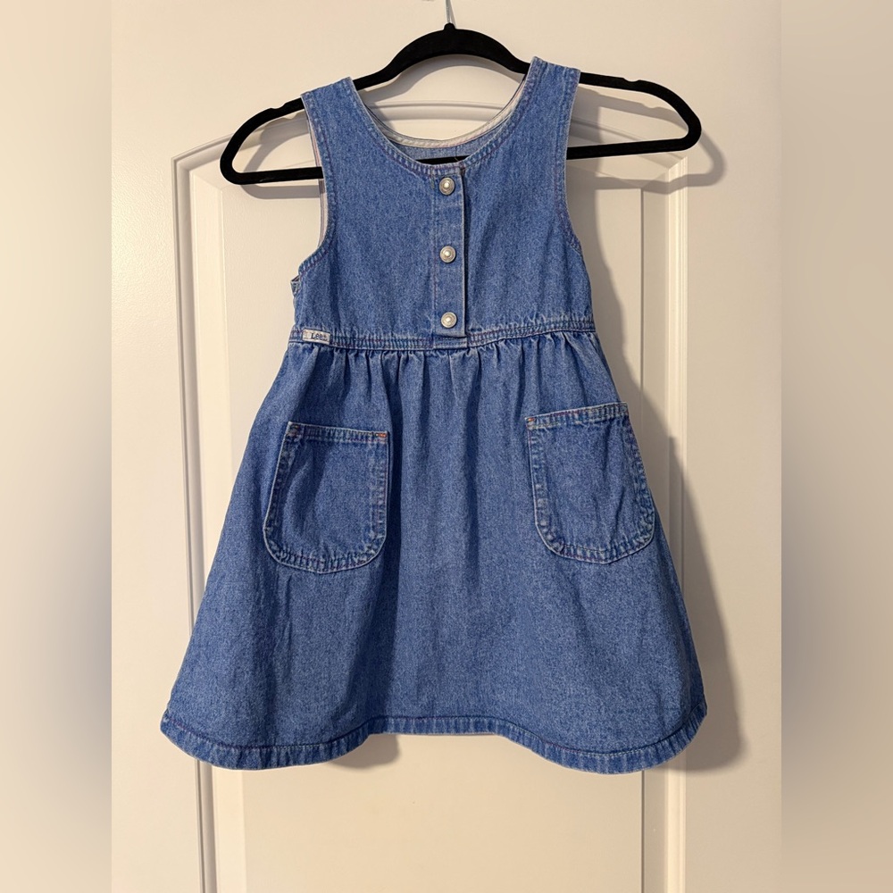 Vintage Lee Girls Blue Denim Cotton Dress Rainbow Stitching Size 6 Reg USA